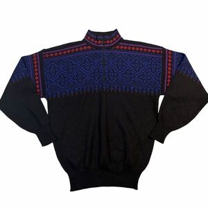 Meister Vintage Men's Black and Blue Patterned Ski Sweater 1/4 Zip XL
